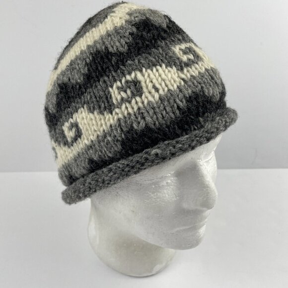 Ganesh Himal Wool Beanie Kids M Knit Rolled Hem Fleece Lined Black Gray - Picture 1 of 7